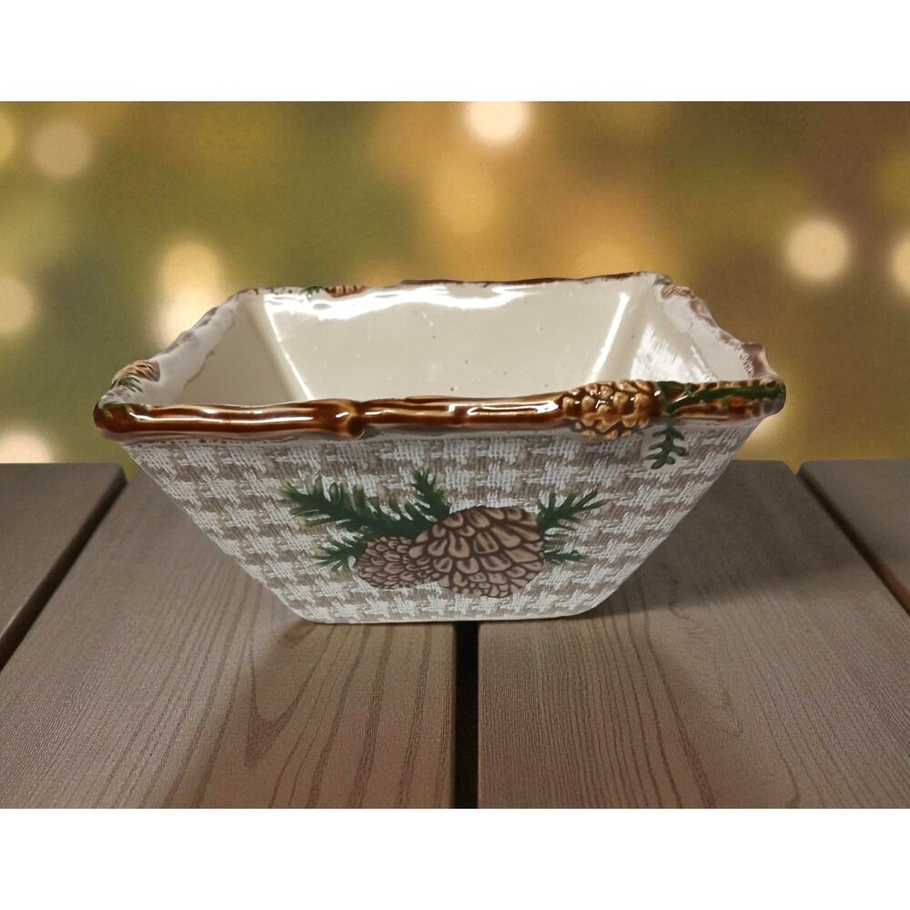 🎄St Nicholas Square Pinecone Christmas Bowl 🌲 Rustic Houndstooth Decor